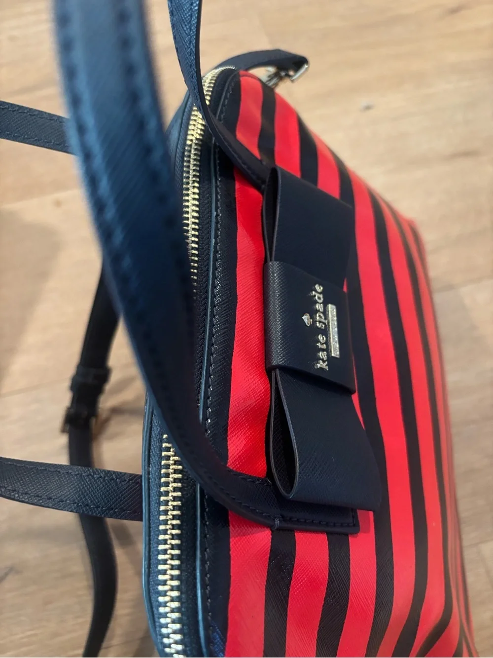 kate spade Red and Navy Striped Dome Satchel with Bow Accent